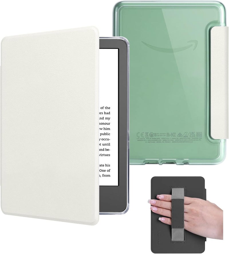 HOICHOE Case for 6" Kindle 2024/2022 Release (11 Generation), Light PU Leather Cover and Transparent Hard Back Shell with Hand Strap, Auto Sleep/Wake, Creamy White - Image 1